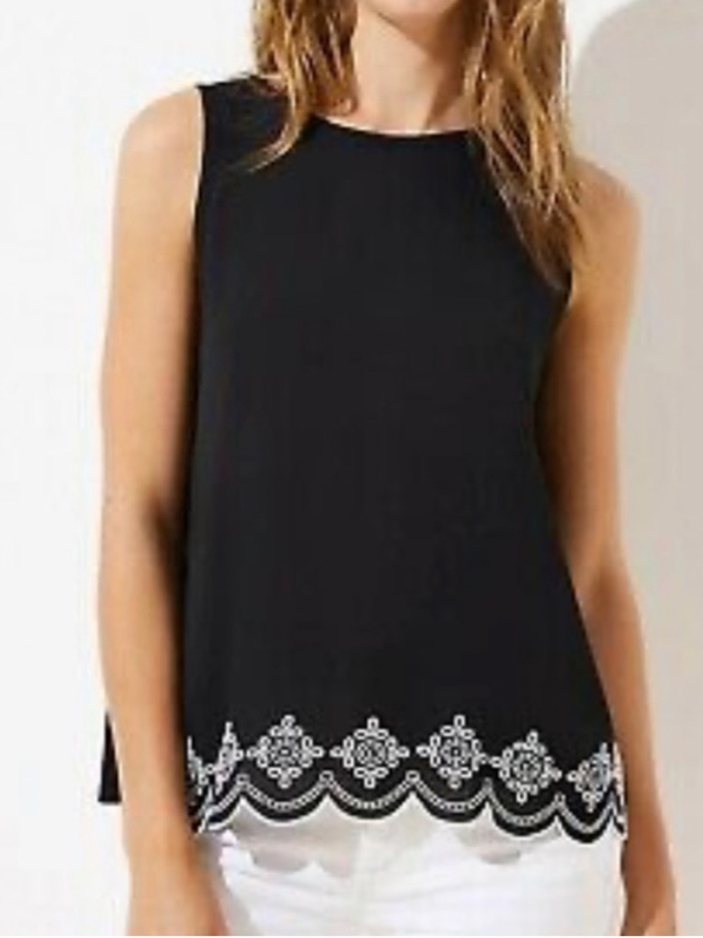 LOFT Sleeveless Black white Embroidered Hem scalloped woven shell tank Top S